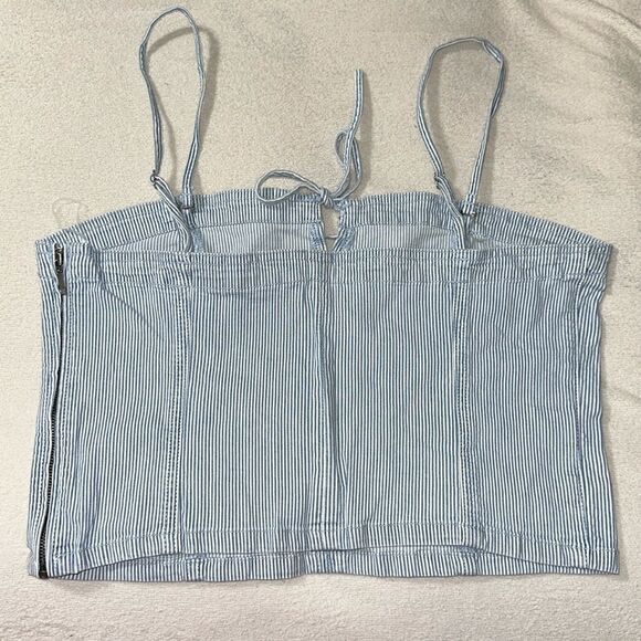 AE Light Blue Pin Stripe Vintage Wash Railroad Denim Cropped Spaghetti Top - Picture 12 of 17